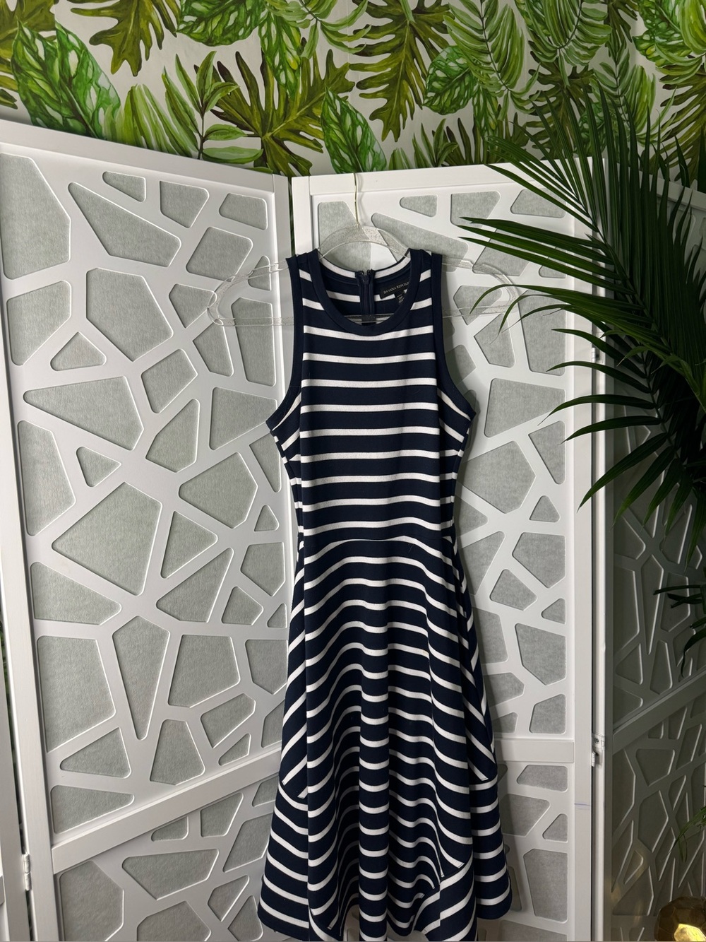 Banana Republic Navy and White Striped Sleeveless Midi Dress